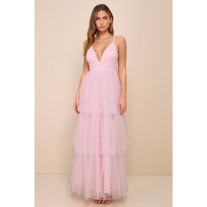 Lulus Charming Glamour Light Pink Tulle Sleeveless Tiered Maxi Dress - Size L
